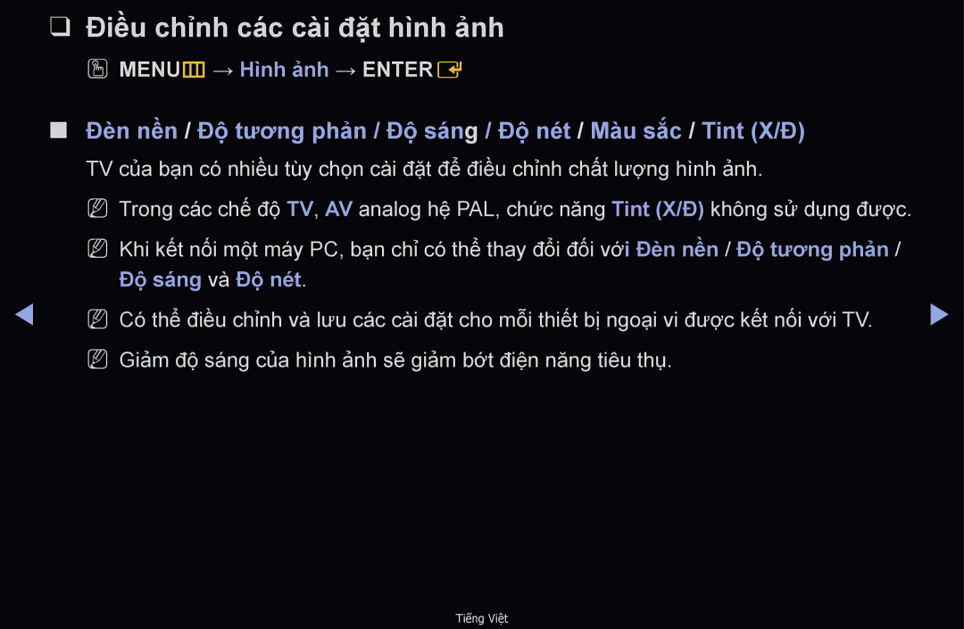 Samsung UA46D6600WNXXV, UA32D6000SNXXV, UA40D6000SNXXV, UA55D6600WMXXV, UA40D6600WNXXV manual Điều chỉnh các cài đặ̣t hì̀nh ảnh 