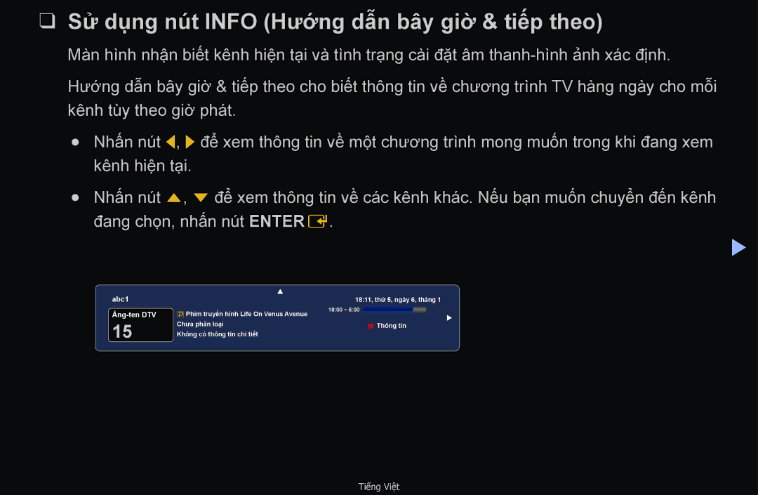 Samsung UA40D6600WNXXV, UA32D6000SNXXV, UA40D6000SNXXV manual Sử dụng nút Info Hướng dẫn bây giờ & tiếp theo, Ăng-ten DTV 