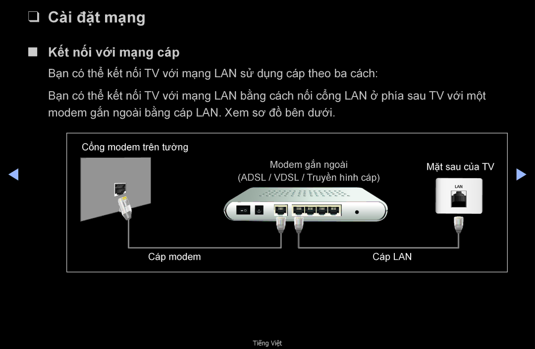 Samsung UA55D6600WMXXV, UA32D6000SNXXV, UA40D6000SNXXV, UA40D6600WNXXV, UA46D6400UMXXS Cài đặ̣t mạ̣ng, Kết nối với mạ̣ng cáp 