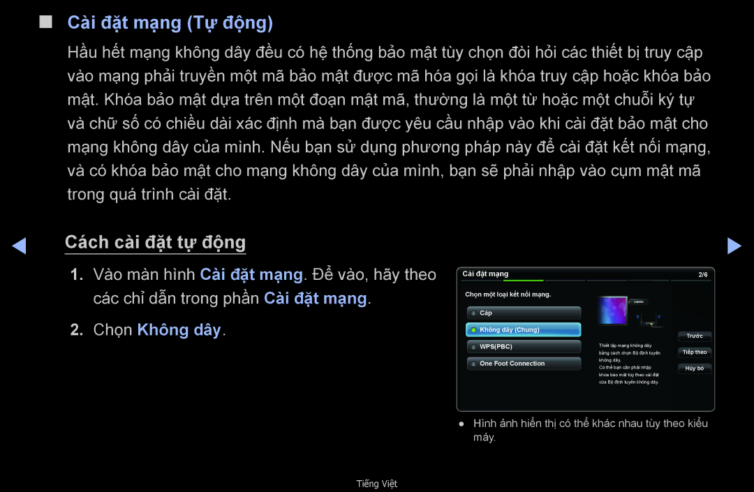 Samsung UA46D6000SNXXV, UA32D6000SNXXV, UA40D6000SNXXV, UA55D6600WMXXV manual Cài đặ̣t mạ̣ng Tự độ̣ng, Chọn Không dây 