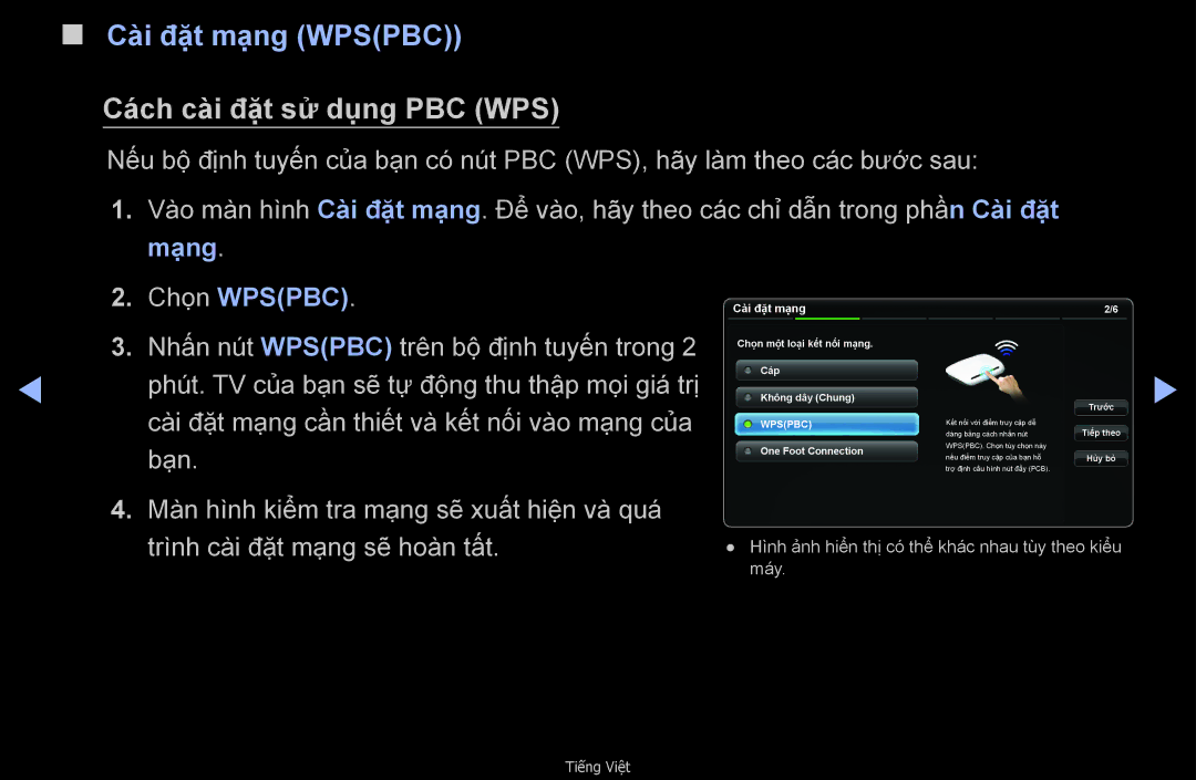 Samsung UA55D6600WMXXV, UA32D6000SNXXV manual Cài đặ̣t mạ̣ng Wpspbc, Cách cài đặ̣t sử dụng PBC WPS, Mạng Chon Wpspbc 