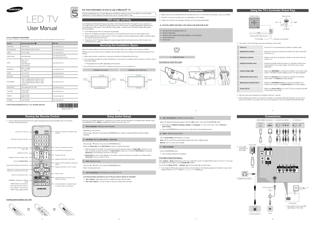 Samsung UA40EH5000MXSQ manual Still image warning, Securing the Installation Space, Accessories, Setup Initial Setup 