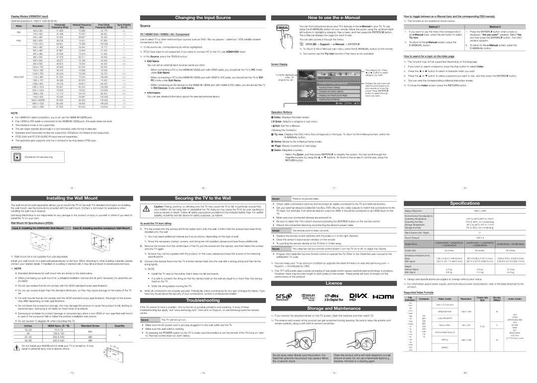 Samsung UA46EH5000MXSQ Changing the Input Source, Installing the Wall Mount, Securing the TV to the Wall, Troubleshooting 
