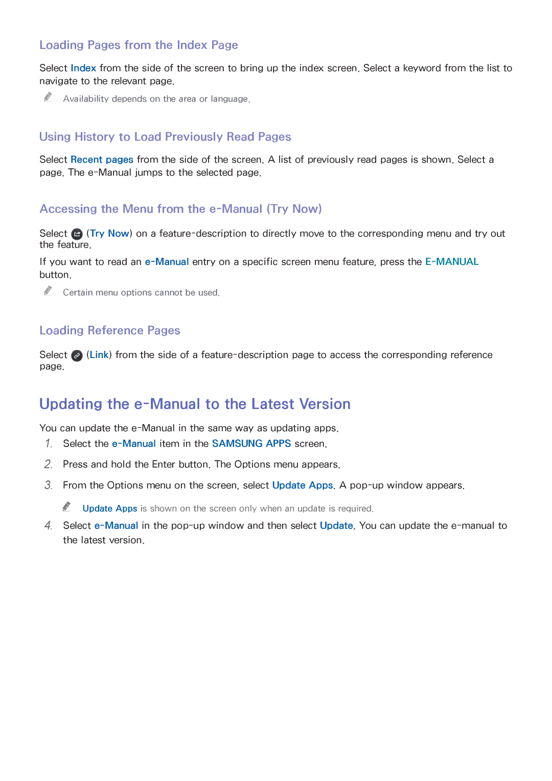 Samsung UA40H5203AKXXV Updating the e-Manual to the Latest Version, Loading Pages from the Index, Loading Reference Pages 