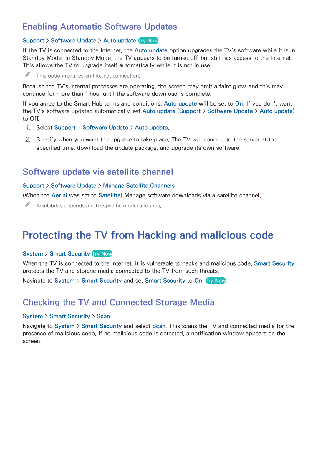 Samsung UA32H4303AKXXV manual Protecting the TV from Hacking and malicious code, Enabling Automatic Software Updates 