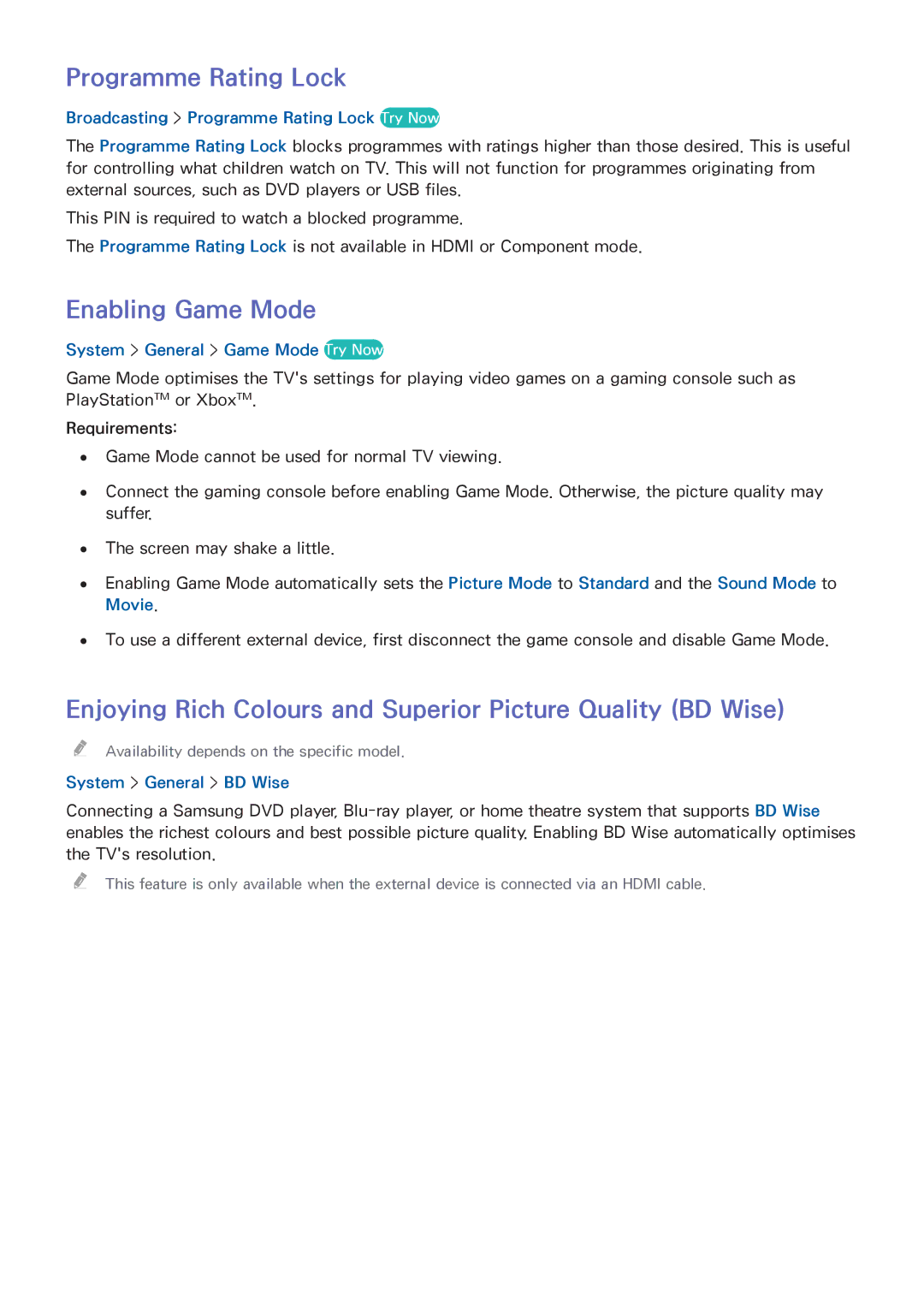Samsung UA40H5303AWXSQ, UA32H4303AKXXS, UA58H5203AKXXV, UA40H6203AKXXV manual Programme Rating Lock, Enabling Game Mode 