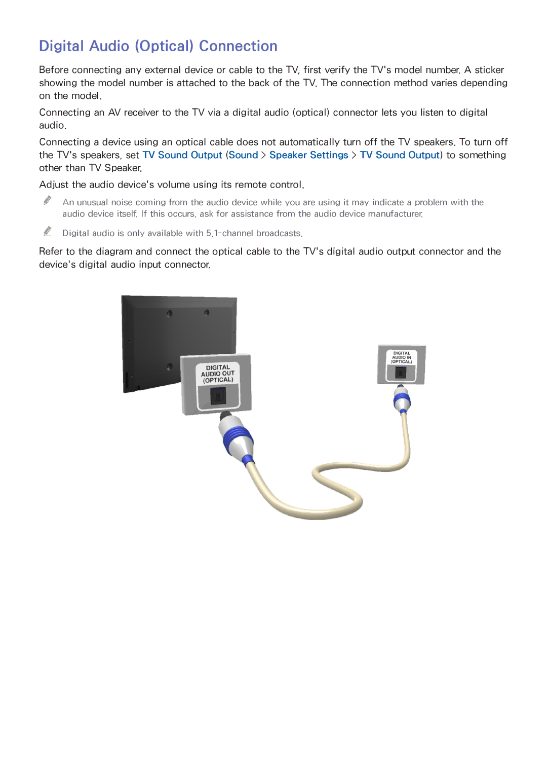 Samsung UA55H6203AWXSQ, UA32H4303AKXXS, UA58H5203AKXXV, UA40H6203AKXXV, UA40H5303AKXXV manual Digital Audio Optical Connection 