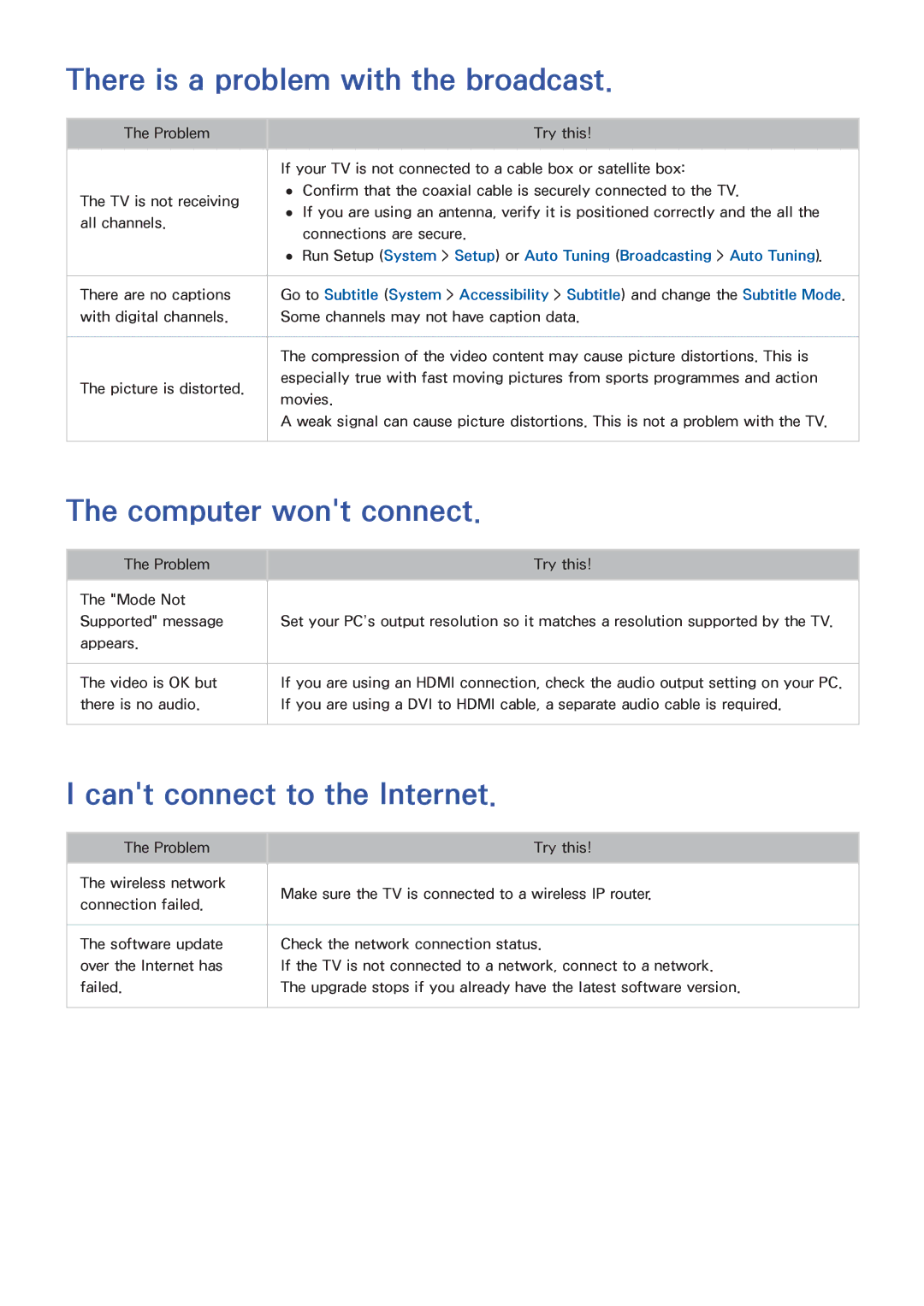 Samsung UA48H5203AKXXV manual There is a problem with the broadcast, Computer wont connect, Cant connect to the Internet 