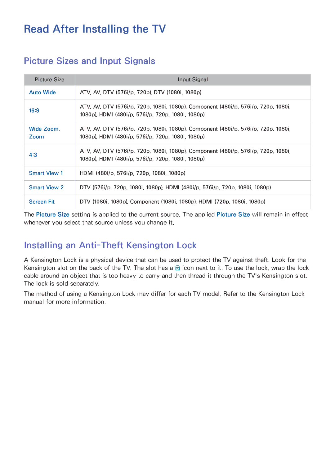 Samsung UA32H4303AKXXS, UA58H5203AKXXV, UA40H6203AKXXV manual Read After Installing the TV, Picture Sizes and Input Signals 