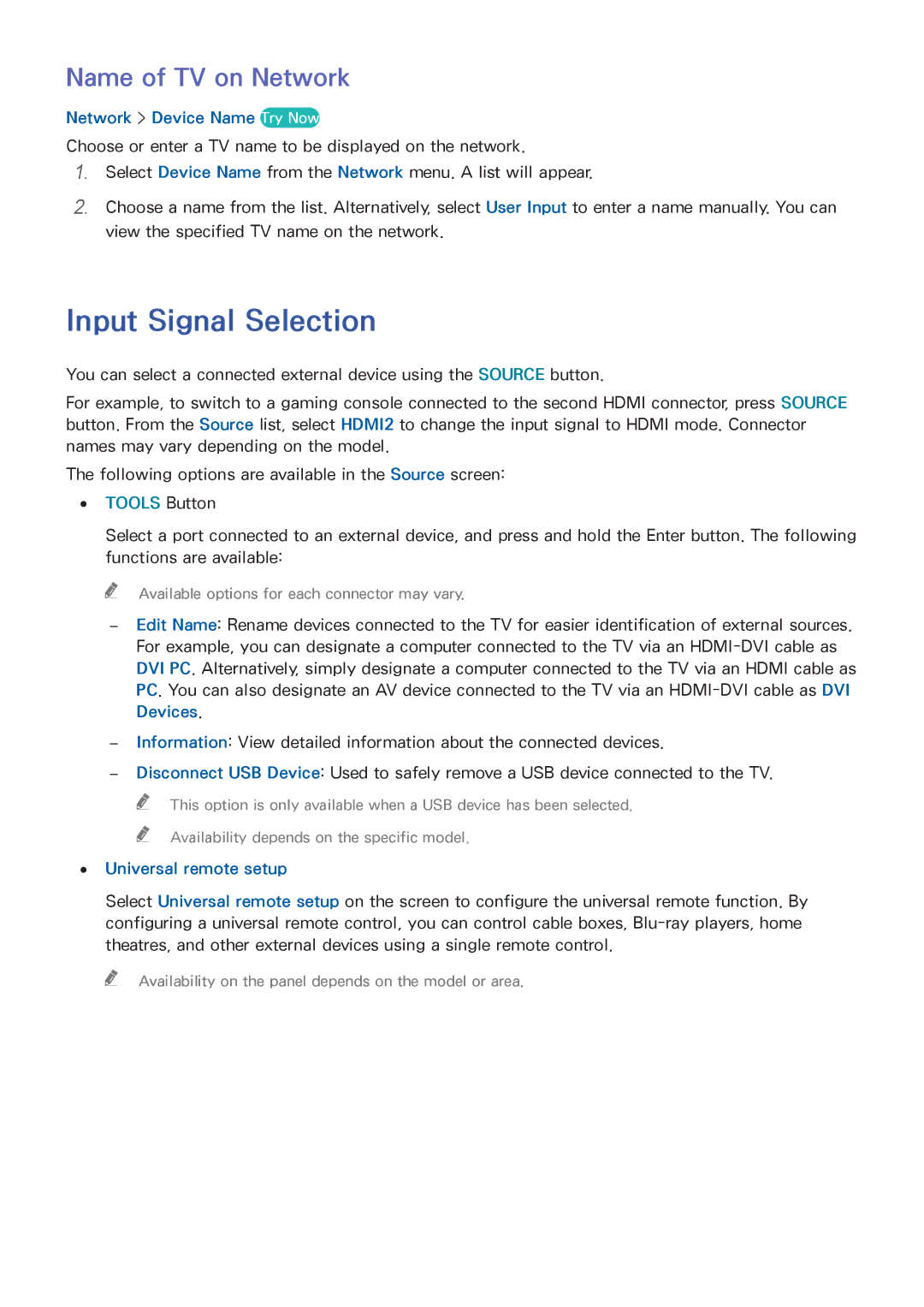 Samsung UA48H5203AKXXV Input Signal Selection, Name of TV on Network, Network Device Name Try Now, Universal remote setup 