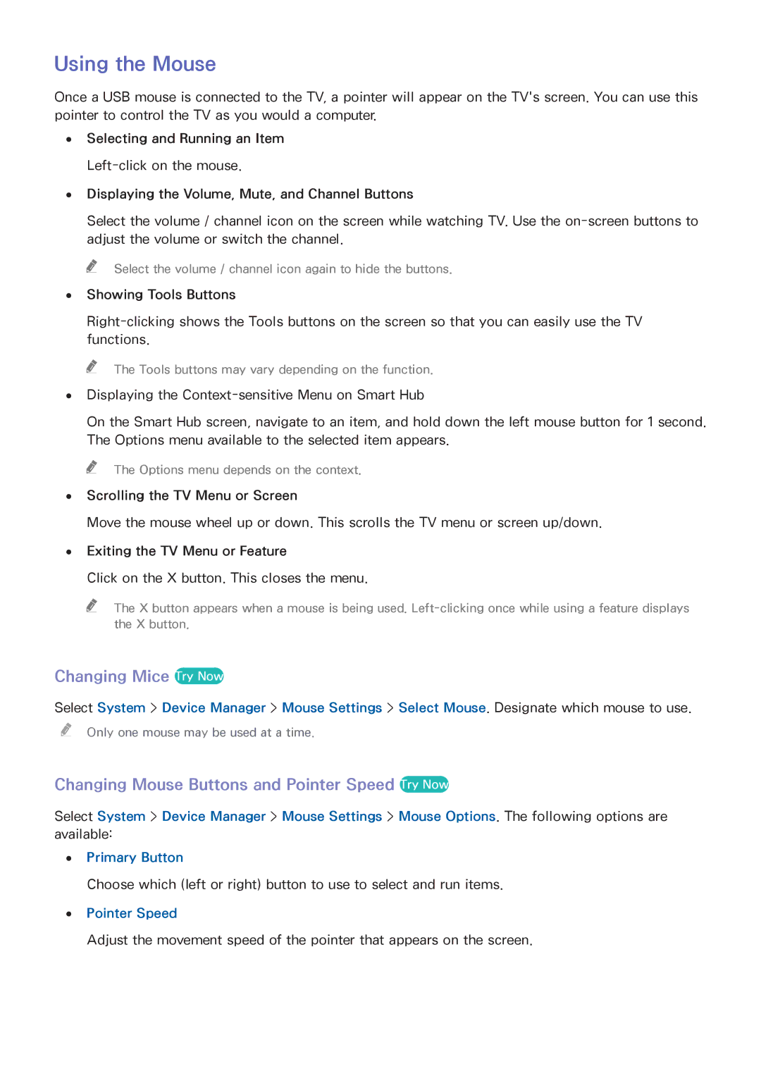 Samsung UA60H6203AKXXV manual Using the Mouse, Changing Mice Try Now, Changing Mouse Buttons and Pointer Speed Try Now 