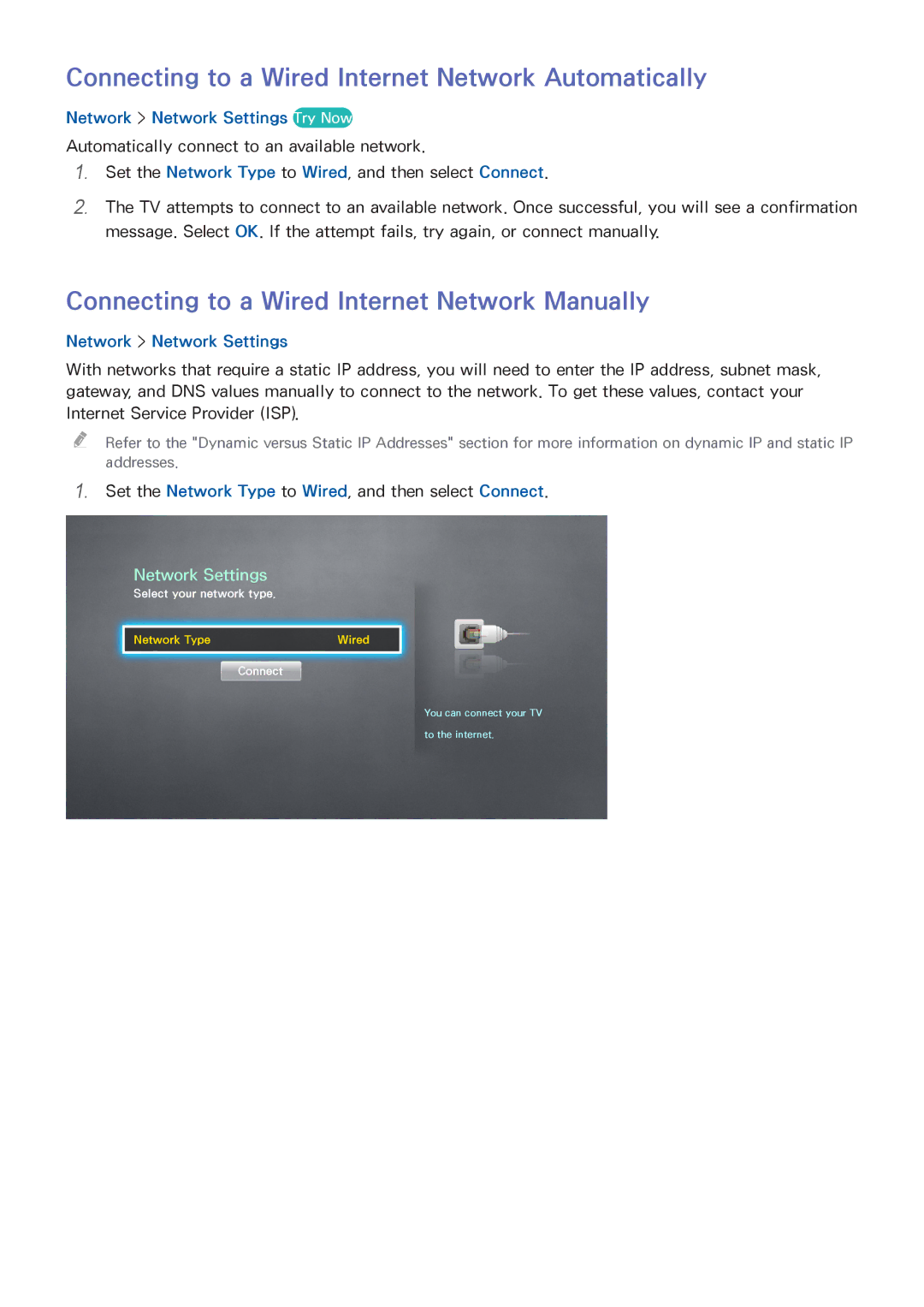 Samsung UA55H6203AWXSQ manual Connecting to a Wired Internet Network Automatically, Network Network Settings Try Now 