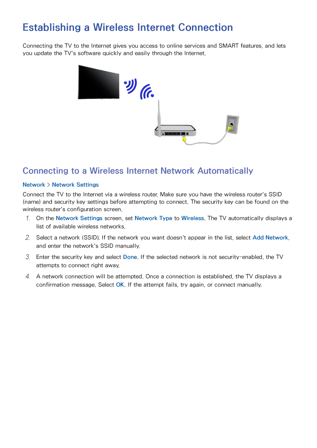 Samsung UA32H4303AWXSQ, UA32H4303AKXXS, UA58H5203AKXXV, UA40H6203AKXXV manual Establishing a Wireless Internet Connection 