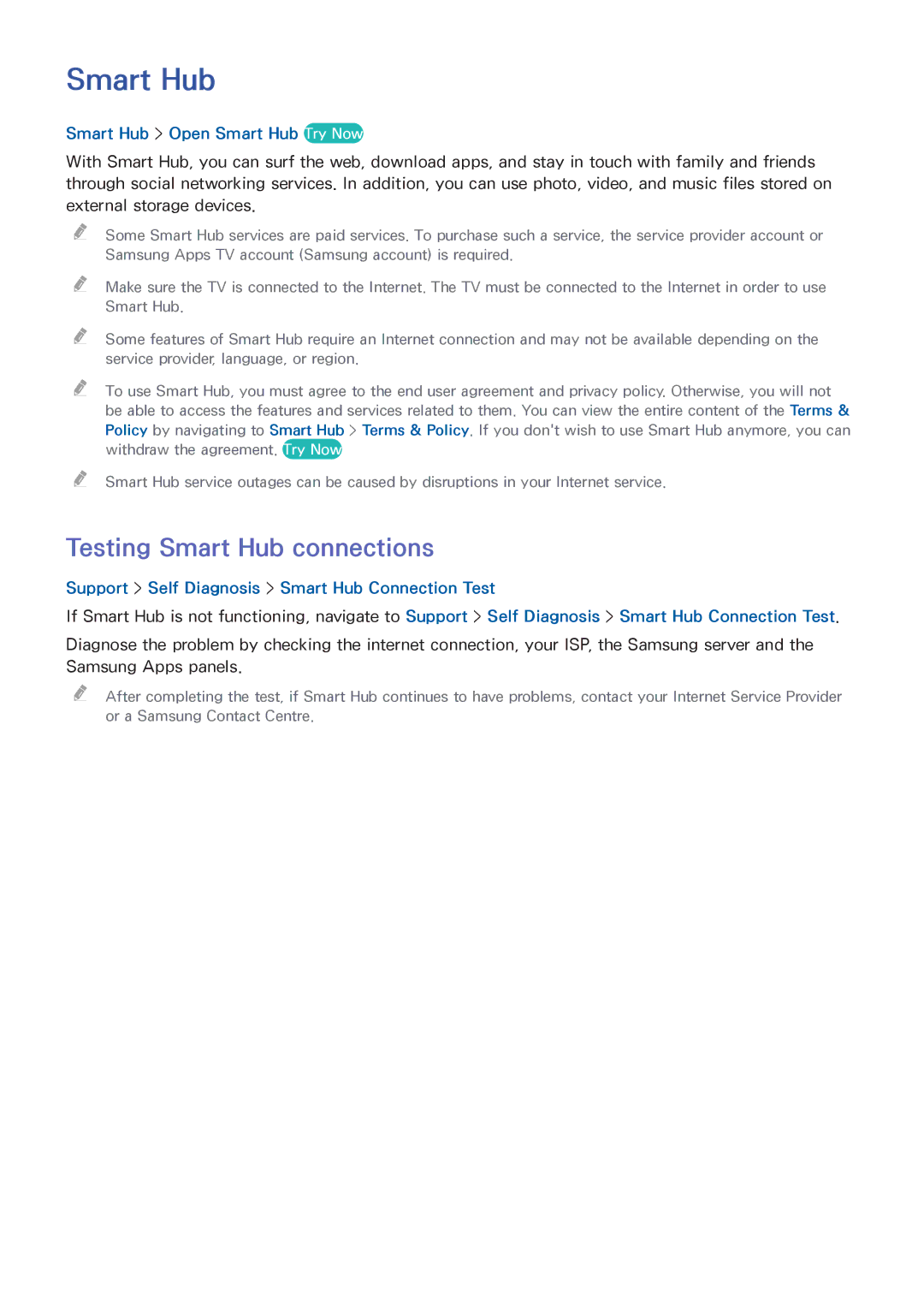 Samsung UA48H5203AKXXV, UA32H4303AKXXS, UA58H5203AKXXV Testing Smart Hub connections, Smart Hub Open Smart Hub Try Now 