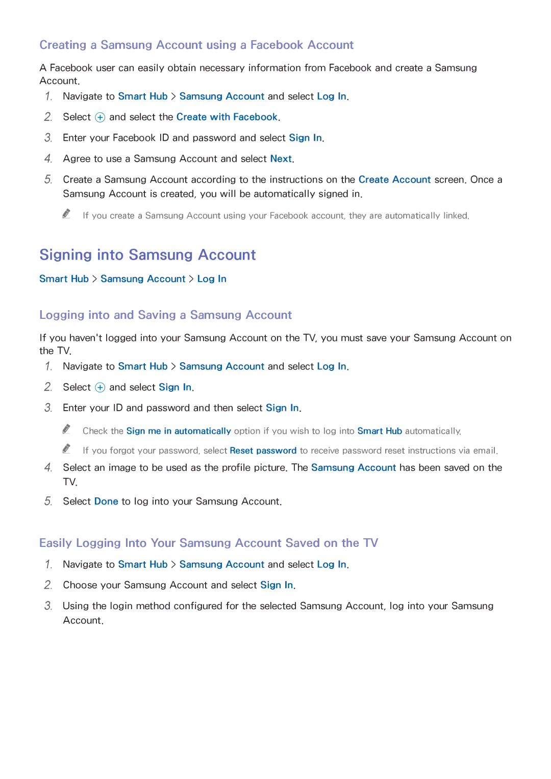 Samsung UA40H5303AWXSQ, UA32H4303AKXXS Signing into Samsung Account, Creating a Samsung Account using a Facebook Account 