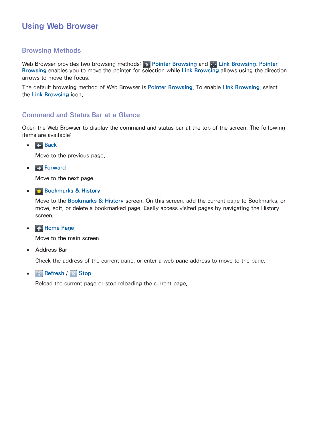 Samsung UA32H4303AKXXS, UA58H5203AKXXV manual Using Web Browser, Browsing Methods, Command and Status Bar at a Glance 