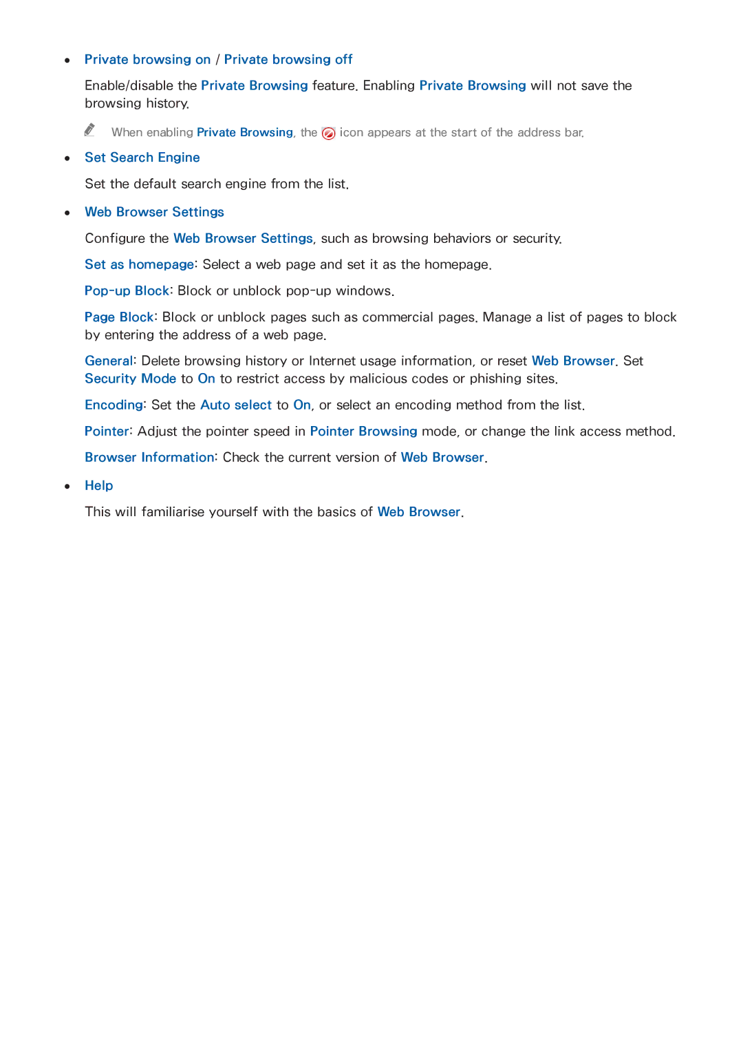 Samsung UA40H6203AKXXV, UA32H4303AKXXS, UA58H5203AKXXV manual Private browsing on / Private browsing off, Set Search Engine 