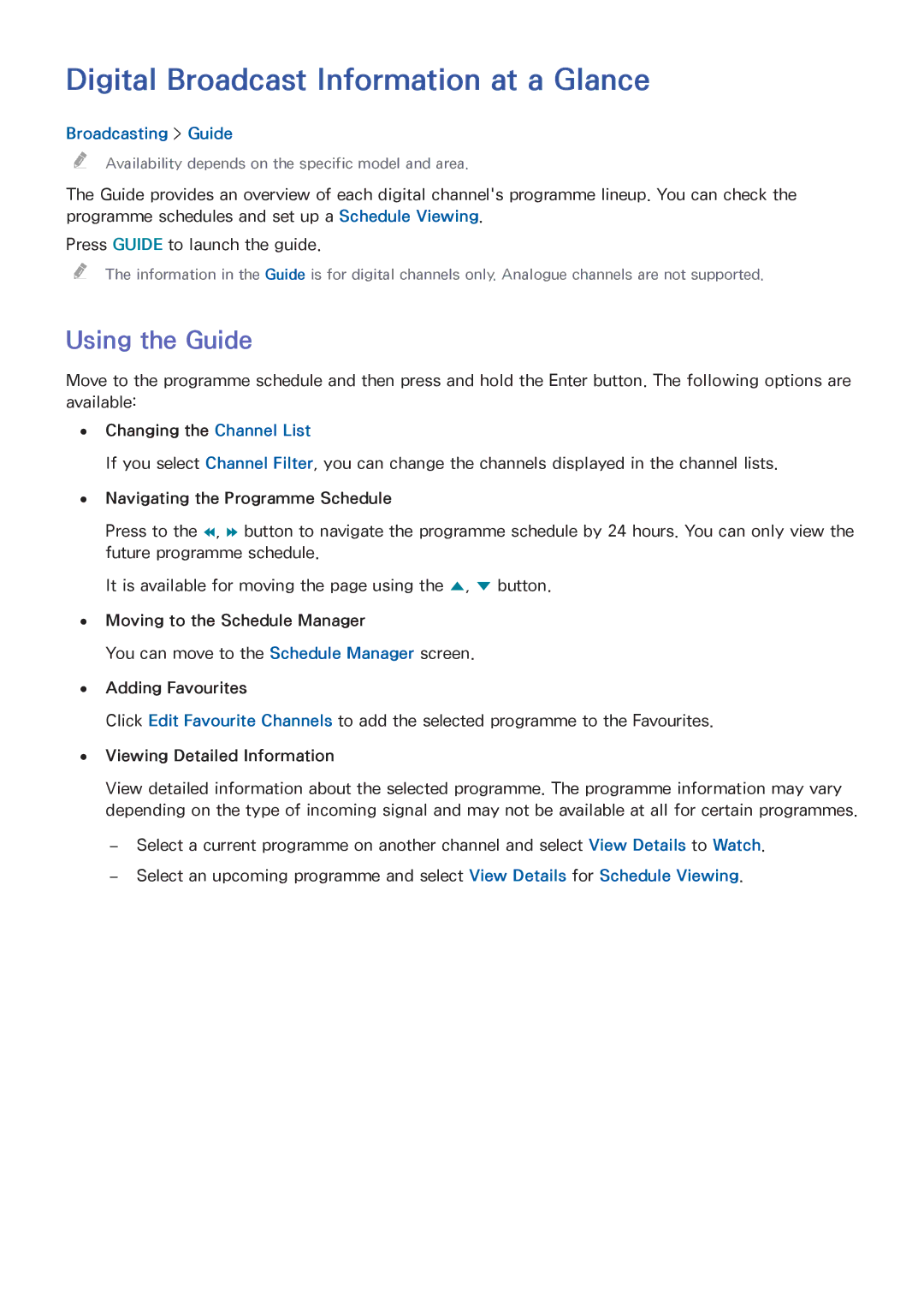 Samsung UA58H5200AWXSQ, UA32H4303AKXXS manual Digital Broadcast Information at a Glance, Using the Guide, Broadcasting Guide 