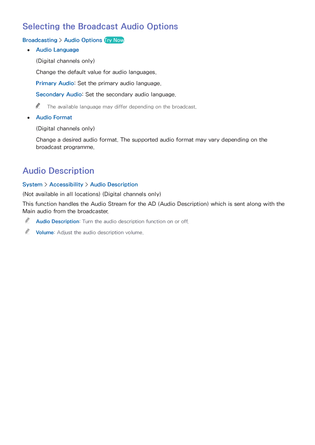 Samsung UA58H5200AWXSQ, UA32H4303AKXXS manual Selecting the Broadcast Audio Options, Audio Description, Audio Format 