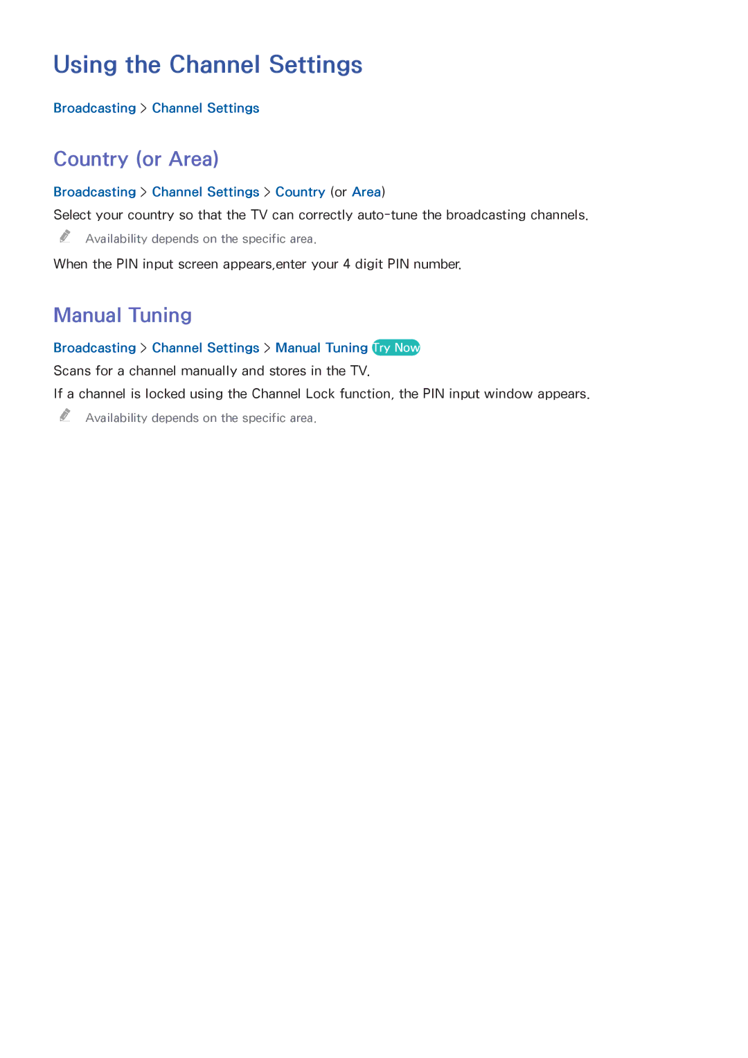 Samsung UA46H5303AWXSQ, UA32H4303AKXXS, UA58H5203AKXXV manual Using the Channel Settings, Country or Area, Manual Tuning 