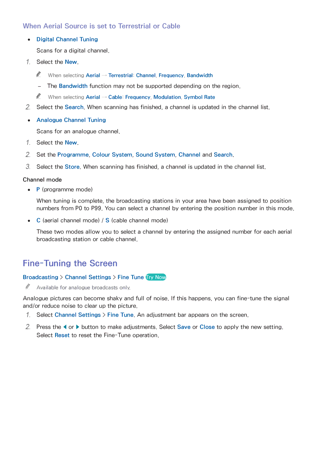 Samsung UA32H4303AKXXS Fine-Tuning the Screen, When Aerial Source is set to Terrestrial or Cable, Digital Channel Tuning 