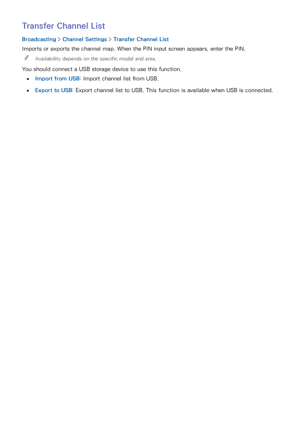 Samsung UA58H5203AKXXV, UA32H4303AKXXS, UA40H6203AKXXV manual Broadcasting Channel Settings Transfer Channel List 