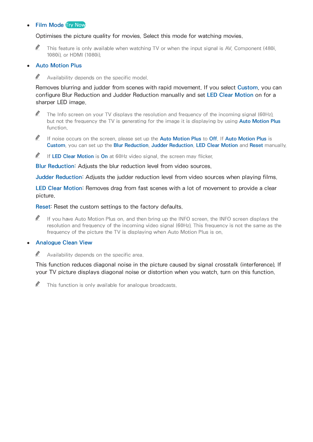 Samsung UA58H5200AKXXV, UA32H4303AKXXS, UA58H5203AKXXV manual Film Mode Try Now, Auto Motion Plus, Analogue Clean View 