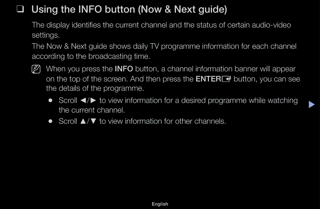 Samsung UA48J5170ASXUM, UA32J4170ASXUM, UA40J5170ASXUM, UA32J4003AKXXV manual Using the Info button Now & Next guide 