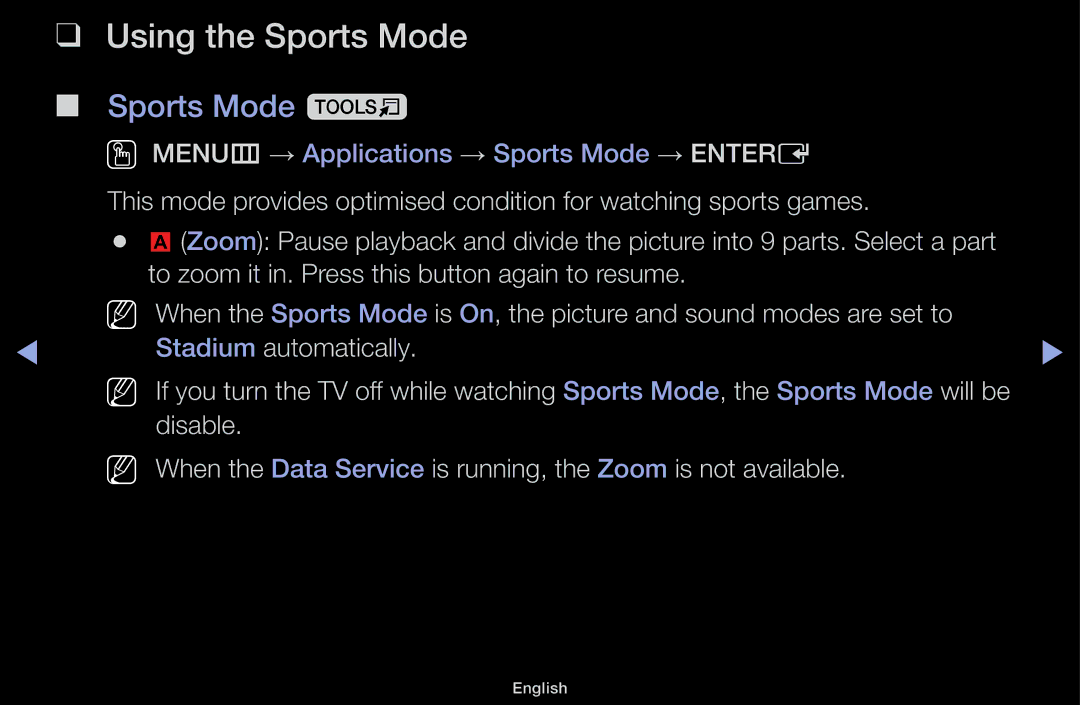 Samsung UA40J5000AKXXV, UA32J4170ASXUM, UA48J5170ASXUM, UA40J5170ASXUM, UA32J4003AKXXV Using the Sports Mode, Sports Mode t 