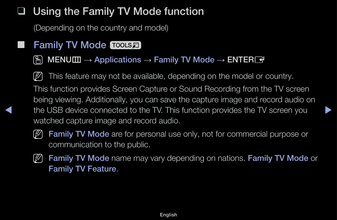 Samsung UA48J5000AKXXV, UA32J4170ASXUM, UA48J5170ASXUM, UA40J5170ASXUM Using the Family TV Mode function, Family TV Mode t 