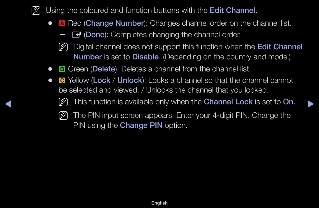 Samsung UA32J4100AKXXV, UA32J4170ASXUM, UA48J5170ASXUM, UA40J5170ASXUM Green Delete Deletes a channel from the channel list 