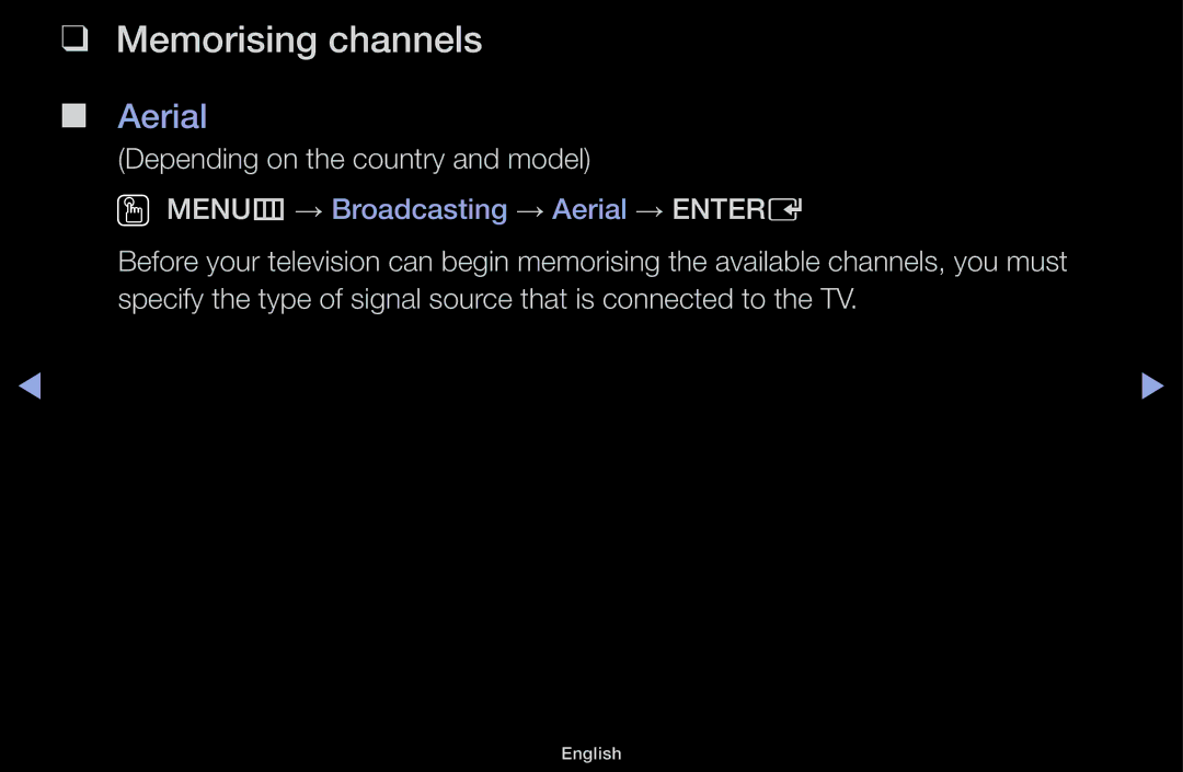 Samsung UA40J5170ASXUM, UA32J4170ASXUM, UA48J5170ASXUM, UA32J4003AKXXV, UA40J5000AKXXV manual Memorising channels, Aerial 