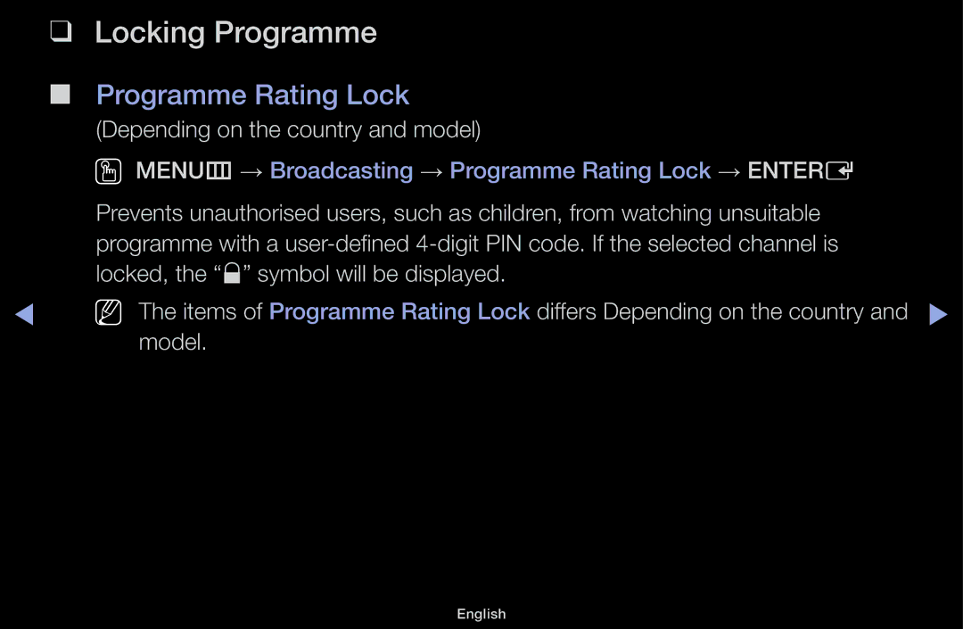 Samsung UA40J5000AKXXV, UA32J4170ASXUM, UA48J5170ASXUM, UA40J5170ASXUM manual Locking Programme, Programme Rating Lock 