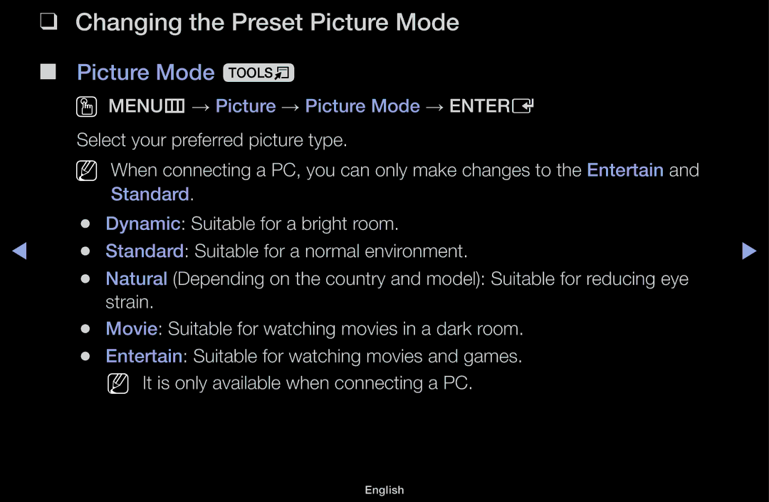 Samsung UA32J4100AKXXV, UA32J4170ASXUM, UA48J5170ASXUM, UA40J5170ASXUM manual Changing the Preset Picture Mode, Picture Mode t 