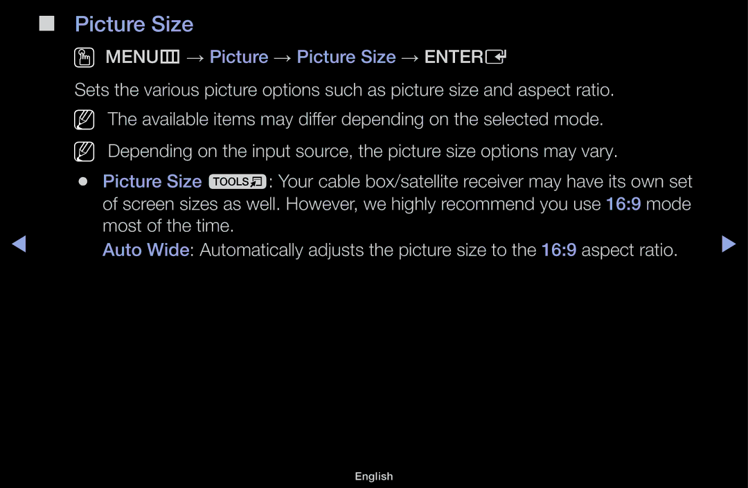 Samsung UA40J5100AKXXV, UA32J4170ASXUM, UA48J5170ASXUM, UA40J5170ASXUM manual OO MENUm → Picture → Picture Size → Entere 