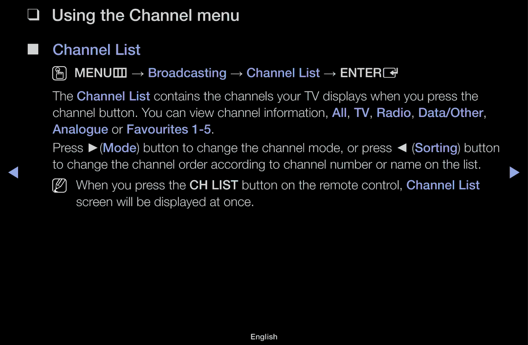 Samsung UA40J5100AKXXV, UA32J4170ASXUM, UA48J5170ASXUM, UA40J5170ASXUM, UA32J4003AKXXV Using the Channel menu, Channel List 