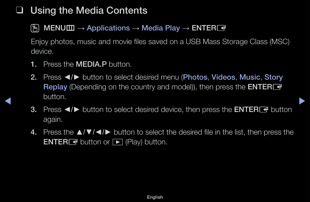 Samsung UA32J4003AKXXV, UA32J4170ASXUM, UA48J5170ASXUM, UA40J5170ASXUM, UA40J5000AKXXV manual Using the Media Contents 