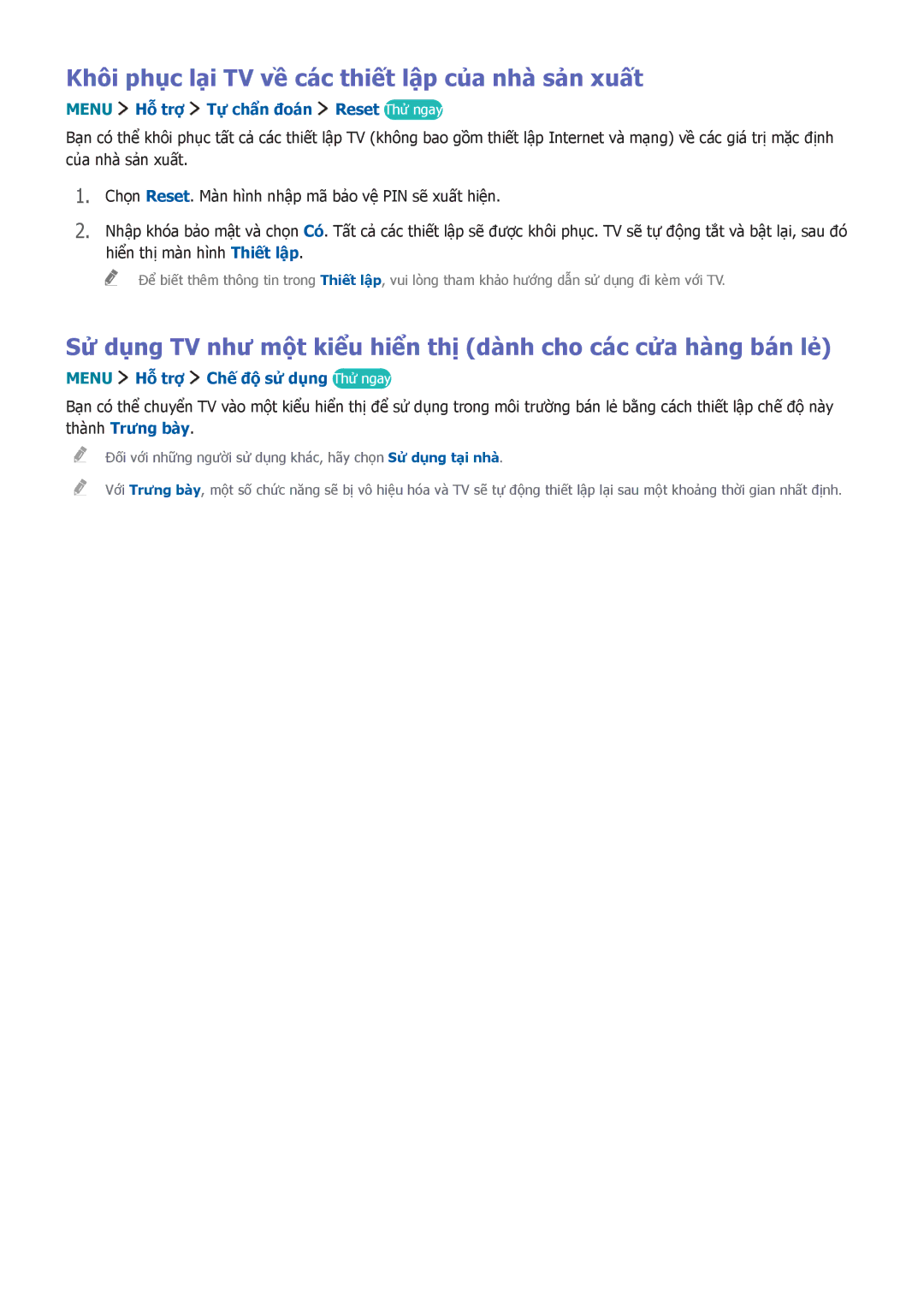 Samsung UA40J6200AKXXV manual Khôi phục lại TV về các thiết lập của nhà sản xuất, Menu Hỗ trơ Tự chẩn đoán Reset Thử ngay 