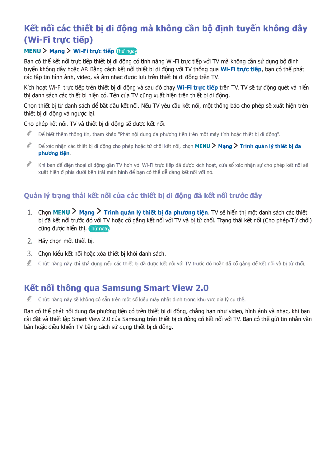 Samsung UA55J5500AKXXV, UA32J5500AKXXV manual Kết nối thông qua Samsung Smart View, Menu Mang Wi-Fi trực tiếp Thử ngay 