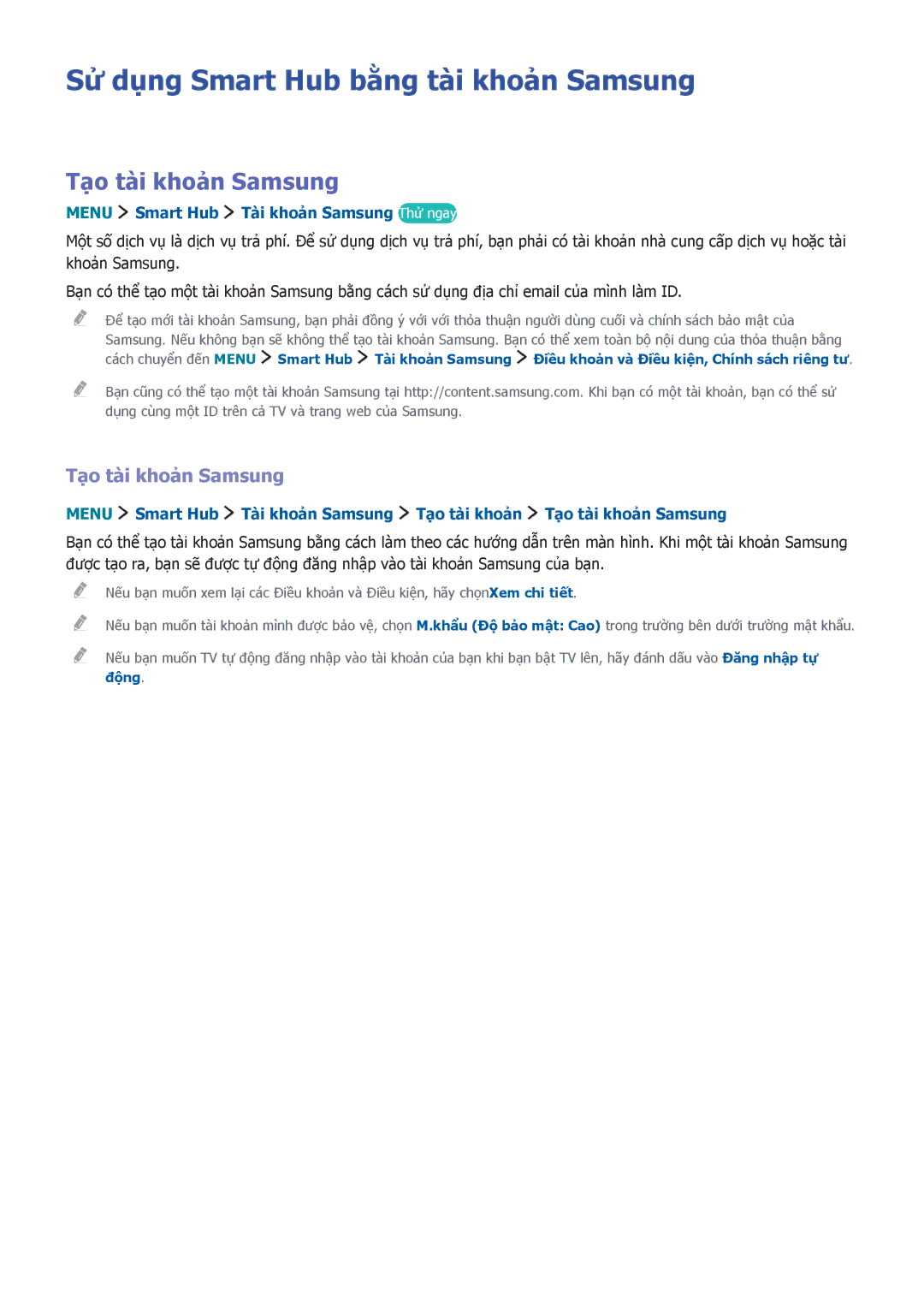 Samsung UA55J6300AKXXV, UA32J5500AKXXV, UA43J5520AKXXV manual Sử dụng Smart Hub bằng tài khoản Samsung, Tạo tài khoản Samsung 