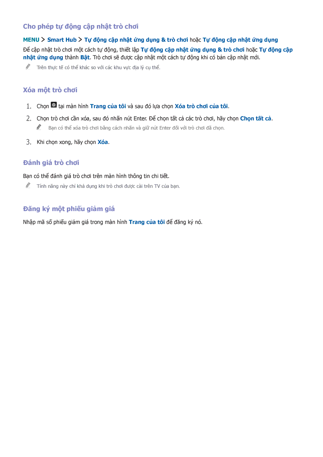 Samsung UA60J6200AKXXV, UA32J5500AKXXV manual Cho phé́p tự động cập nhật trò chơi, Xóa một trò chơi, Đánh giá trò chơi 