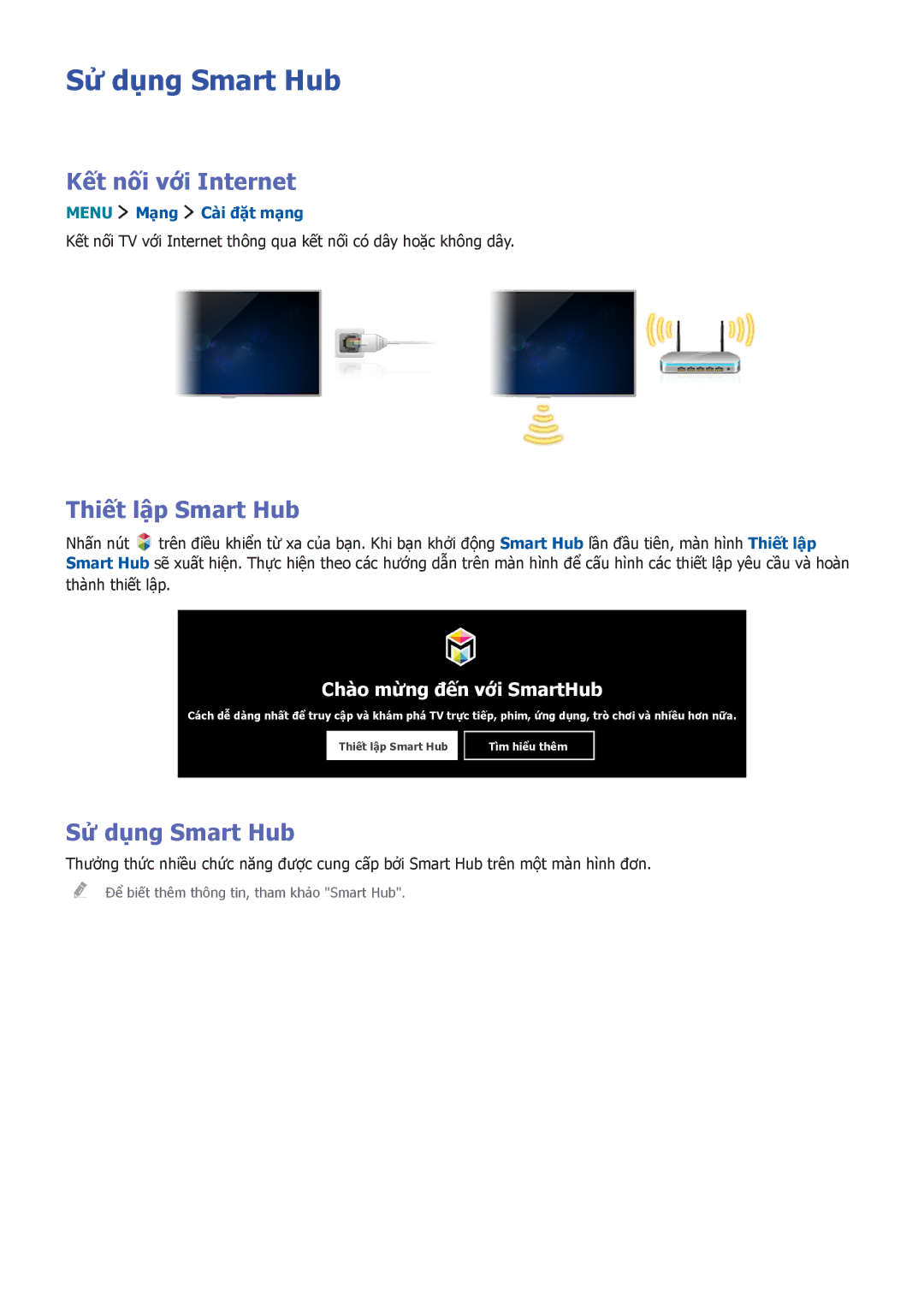 Samsung UA48J6200AKXXV manual Sử dụng Smart Hub, Kết nối với Internet, Thiết lập Smart Hub, Menu Mang Cai đặt mang 