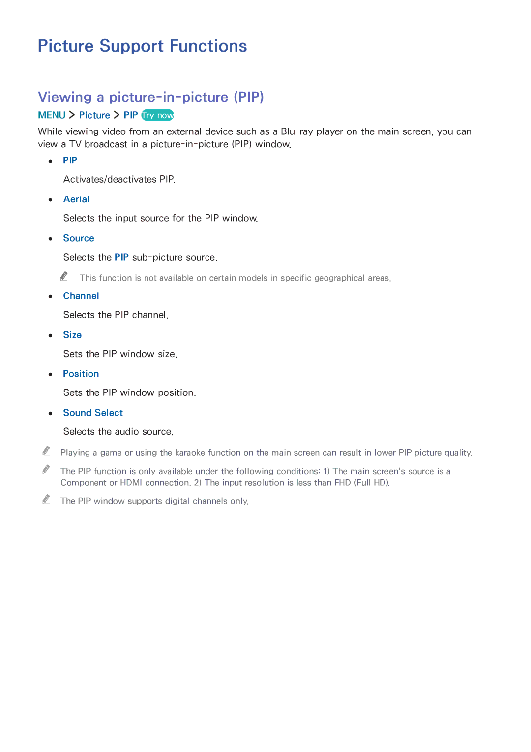 Samsung UA40J5500AWXSQ, UA32J5500AKXXV, UA43J5520AKXXV manual Picture Support Functions, Viewing a picture-in-picture PIP 