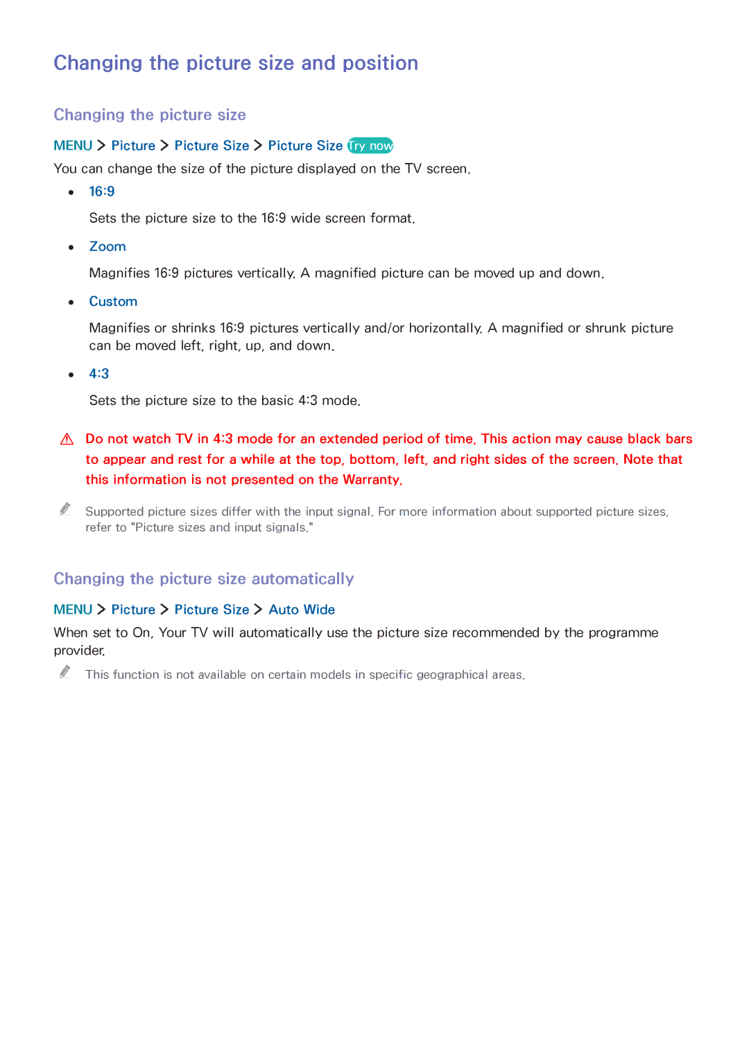 Samsung UA55J5500AWXSQ, UA32J5500AKXXV Changing the picture size and position, Changing the picture size automatically 