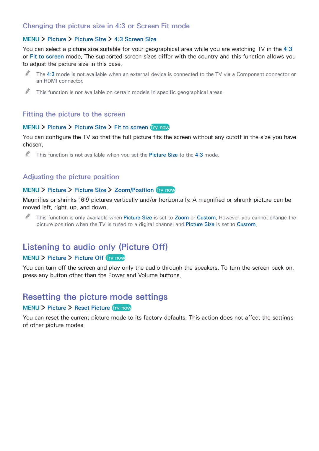Samsung UA50J5500AWXSQ, UA32J5500AKXXV manual Listening to audio only Picture Off, Resetting the picture mode settings 