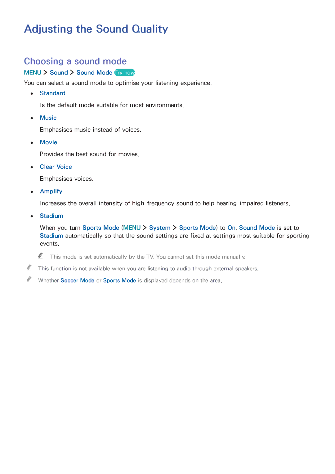 Samsung UA32J5500AKXXV, UA43J5520AKXXV, UA40J6200AKXXV, UA40J6300AKXXV Adjusting the Sound Quality, Choosing a sound mode 