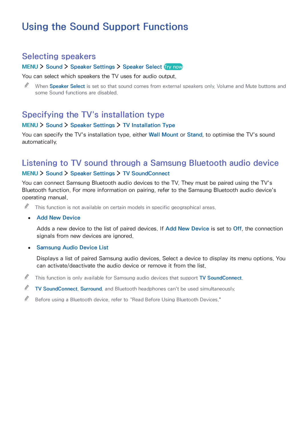 Samsung UA40J6200AKXXV manual Using the Sound Support Functions, Selecting speakers, Specifying the TVs installation type 