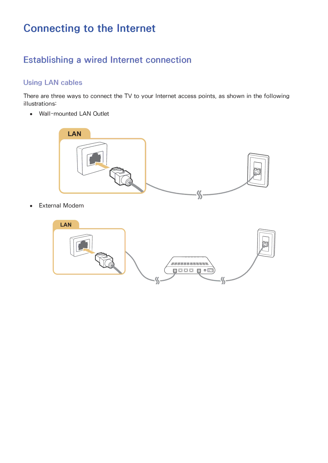 Samsung UA48J6300AKXXV manual Connecting to the Internet, Establishing a wired Internet connection, Using LAN cables 