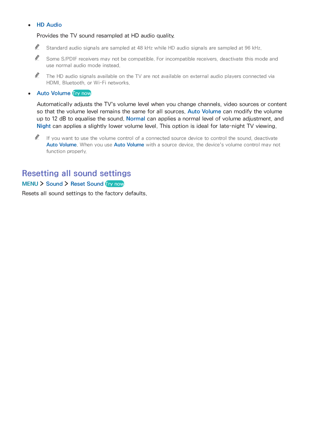 Samsung UA48J6200AKXXV manual Resetting all sound settings, HD Audio, Auto Volume Try now, Menu Sound Reset Sound Try now 