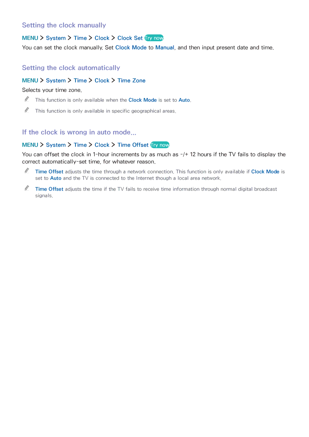 Samsung UA55J6300AKXXV Setting the clock manually, Setting the clock automatically, If the clock is wrong in auto mode 